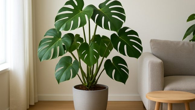 Monstera deliciosa w jasnym, nowoczesnym wnętrzu, ustawiona w ozdobnej donicy na drewnianej podłodze, oświetlona naturalnym światłem