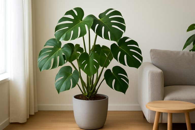 Monstera deliciosa w jasnym, nowoczesnym wnętrzu, ustawiona w ozdobnej donicy na drewnianej podłodze, oświetlona naturalnym światłem