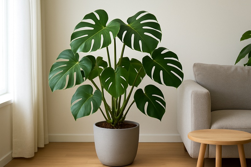 Monstera deliciosa w jasnym, nowoczesnym wnętrzu, ustawiona w ozdobnej donicy na drewnianej podłodze, oświetlona naturalnym światłem