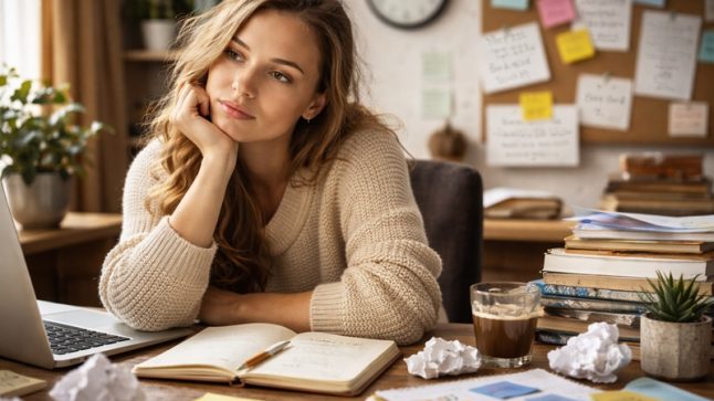 Efekt wiecznego początku – zamyślona kobieta przy biurku z notatkami i listą zadań, symbol trudności z kończeniem rozpoczętych projektów