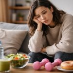 Zmęczona kobieta siedząca na kanapie przed stolikiem z kontrastem zdrowych i niezdrowych wyborów, symbolizującym trudności w utrzymaniu zdrowych nawyków