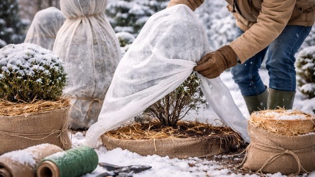 agrowłóknina zimą – ogrodnik zabezpieczający krzewy i rośliny matami oraz włókniną w zaśnieżonym ogrodzie