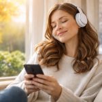 muzyka a sezonowość nastroju kobieta słuchająca muzyki w słuchawkach przy oknie zimą