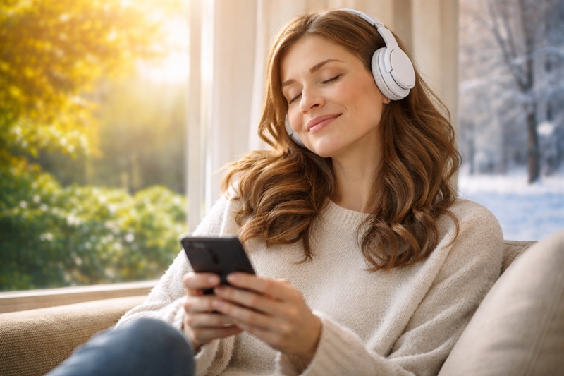 muzyka a sezonowość nastroju kobieta słuchająca muzyki w słuchawkach przy oknie zimą