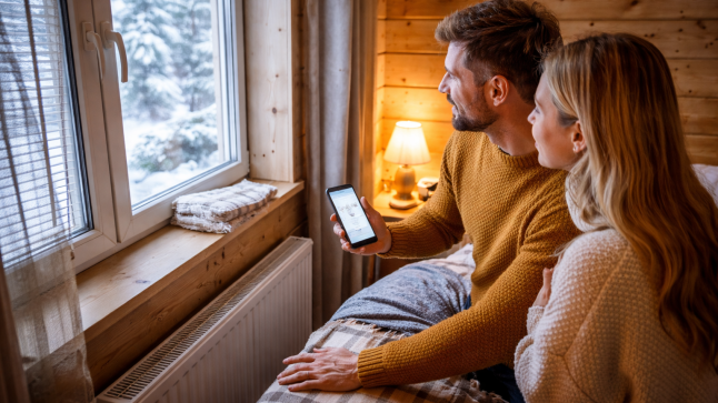 nocleg przygotowany na mróz w przytulnym zimowym domku z ciepłym oświetleniem i śniegiem za oknem